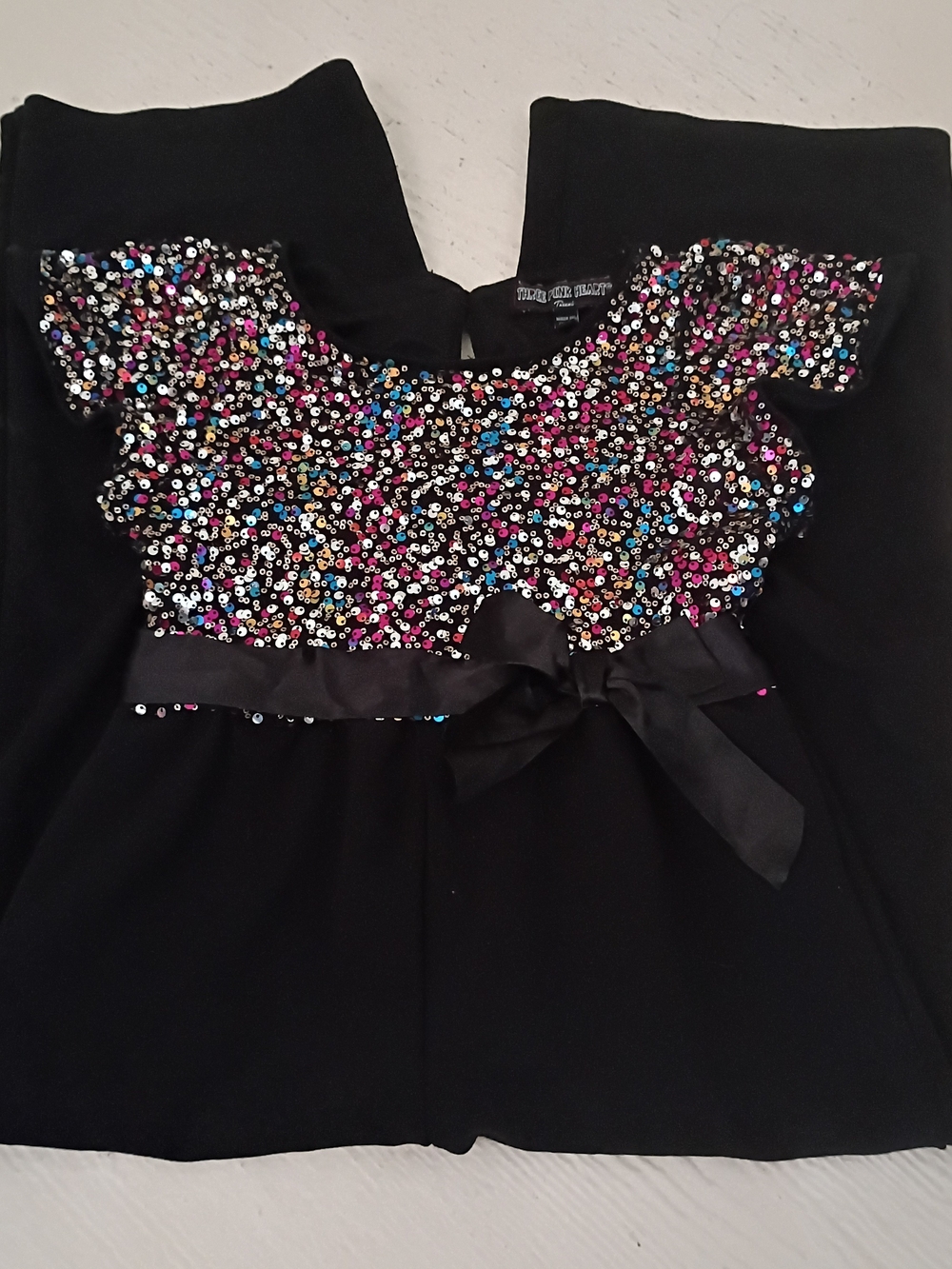 Three Pink Hearts Girls Black Sequin Jumpsuit with Bow